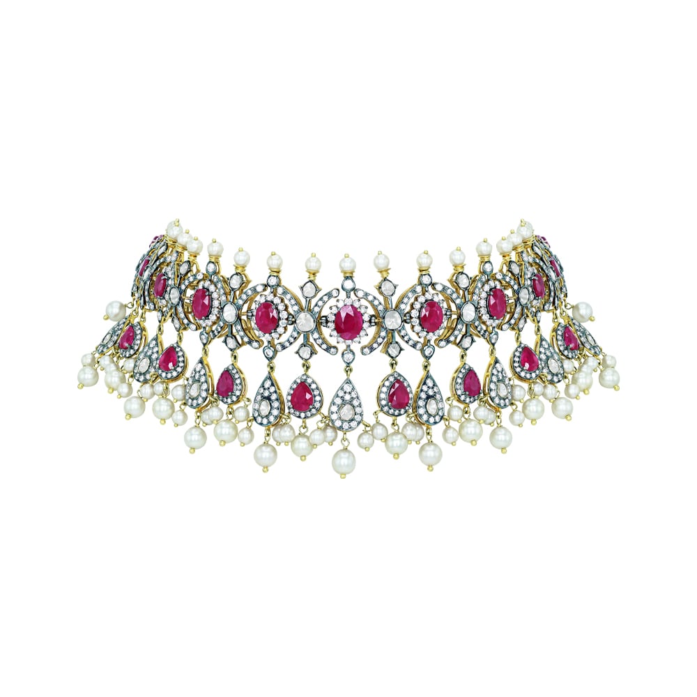 Antique-Finish Choker with Ruby, Diamonds, Polki Clusters, and Pearl Drops